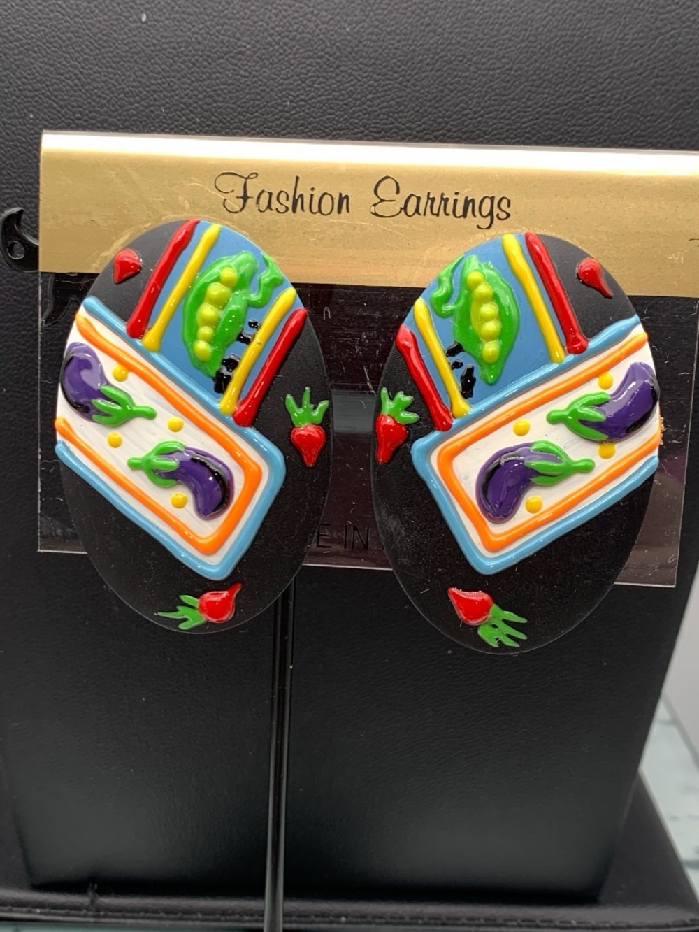 Vintage NOS Colorful pierced Earrings with Multicolor Raised vegetable Design